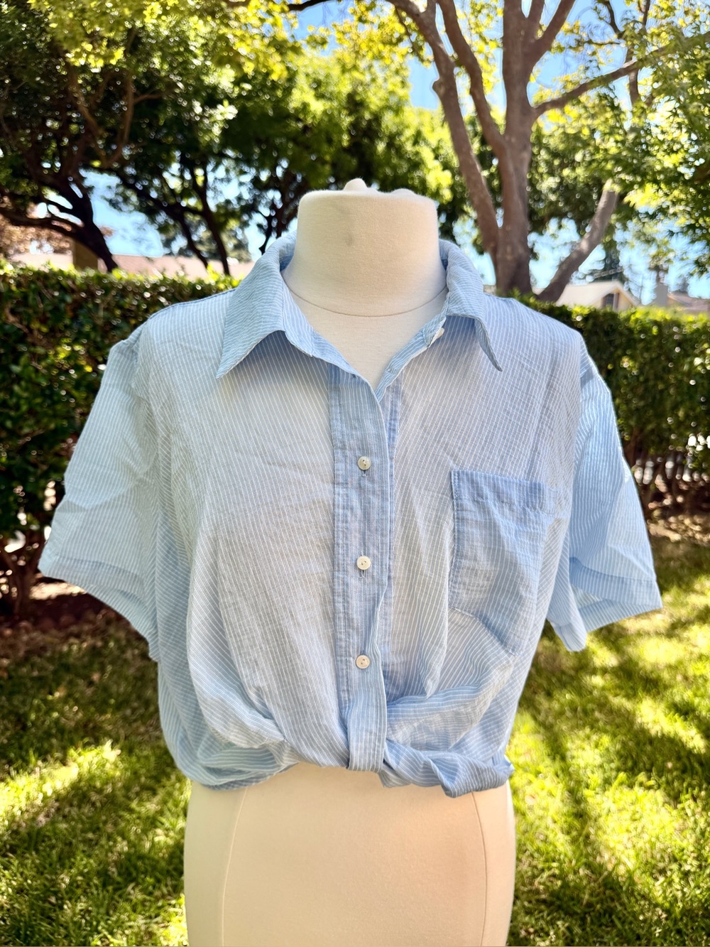 Y2K Light Blue Pinstripe Button Knot-Front Crop Shirt M Coastal Grandma Soft